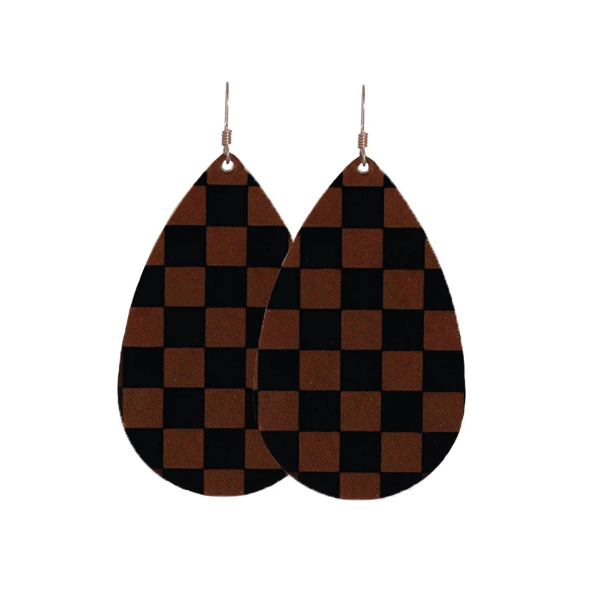 Cognac Checkmate Teardrops | Nickel and Suede