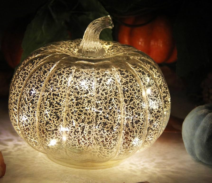Fall Decorations for Home,Mercury Glass Pumpkin Lights with Timer(Silver) | Amazon (US)