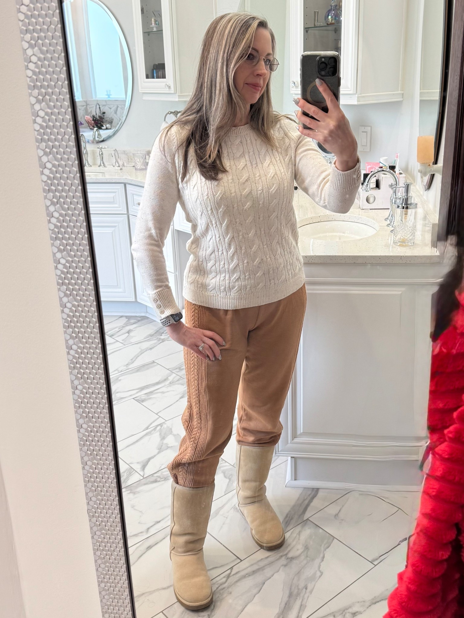 Staying warm today. It’s a relaxed and comfortable Friday after teaching classes. These are some of my most cozy pieces, including my red robe that accidentally photobombed the picture 😂 I have no problem wearing that robe as a replacement for my cardigans when it gets colder ❄️.

#LTKdayinmylife #LTKootd #LTKmomlife