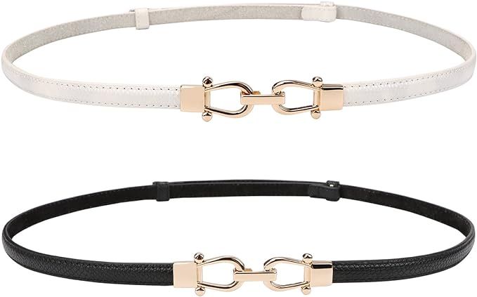 Leather Skinny Women Belt Thin Waist Belts for Dresses up to 37 Inches with Golden Buckle 2 Pack | Amazon (US)