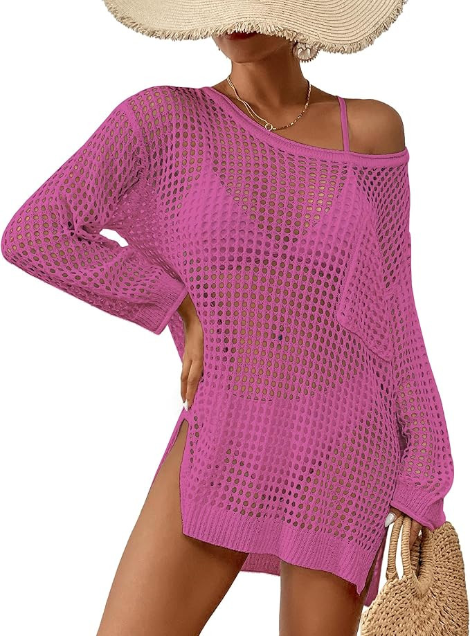 Bsubseach Crochet Cover Up for Swimwear Women Pool Swimsuit Coverup Long Sleeve Beach Knit Tops | Amazon (US)