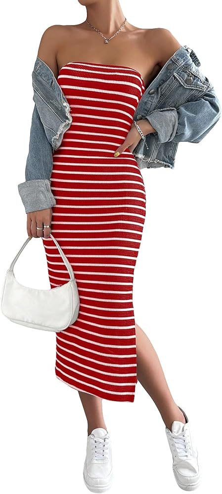 Floerns Women's Striped Strapless Textured Rib Tube Top Dress Split Thigh Bodycon Midi Dresses | Amazon (US)