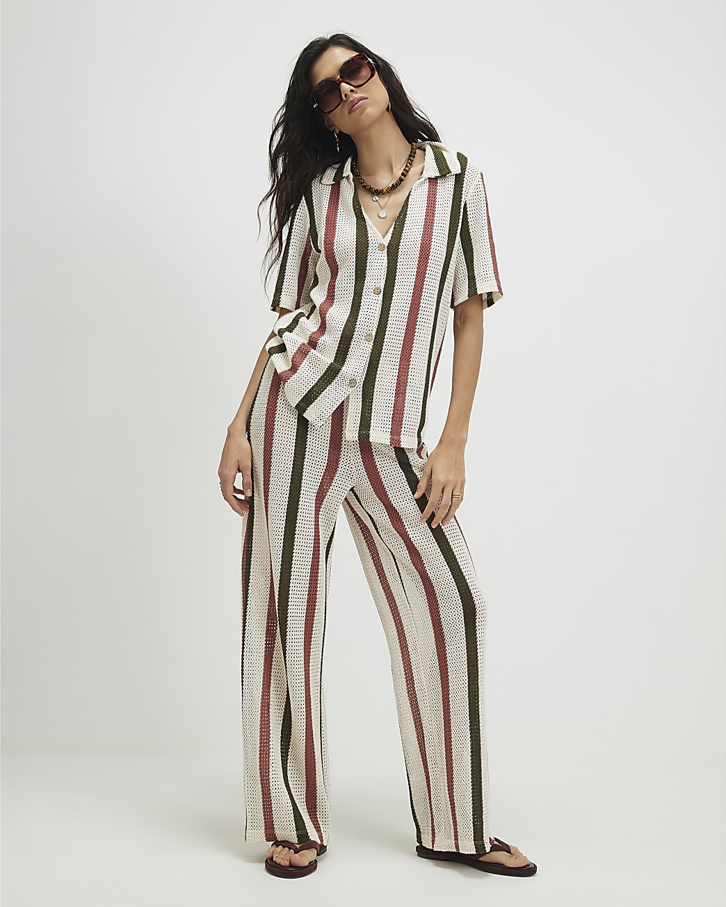 Cream Crochet Stripe Trousers | River Island UK & IE