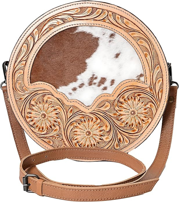western Handtooled Cowhide Hairon Canteen Crossbody bag with Adjustable Detachable Leather Strap,... | Amazon (US)