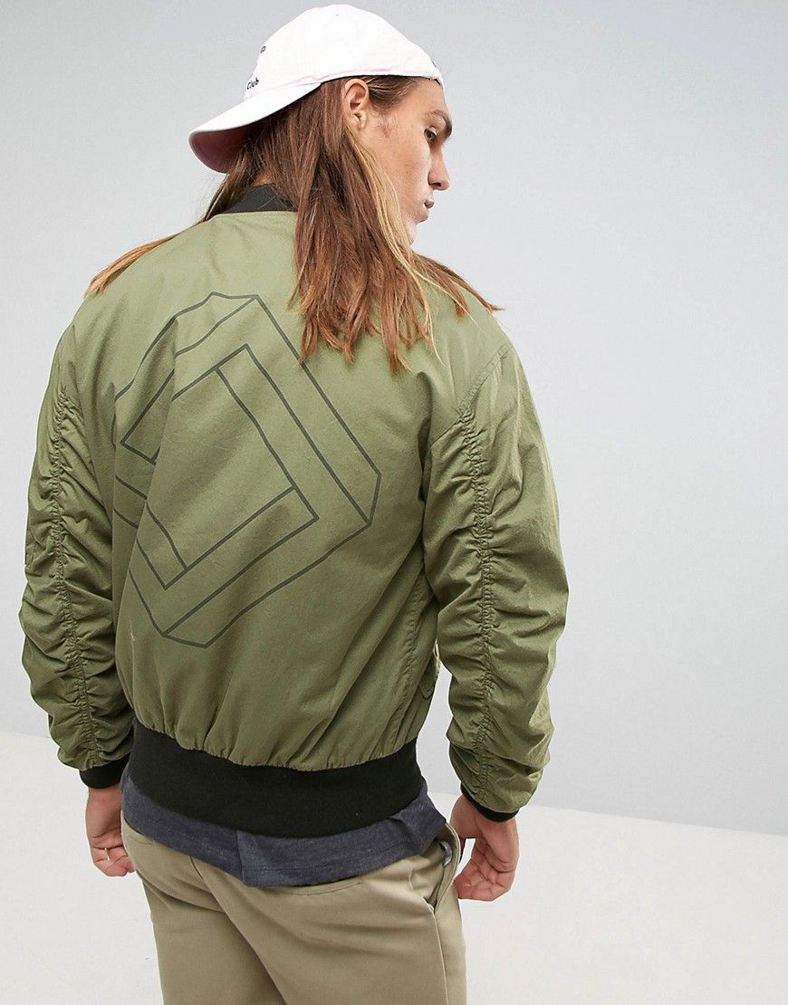 ASOS Oversized Bomber Jacket With Ruche Detail and Back Print in Khaki - Green | ASOS US
