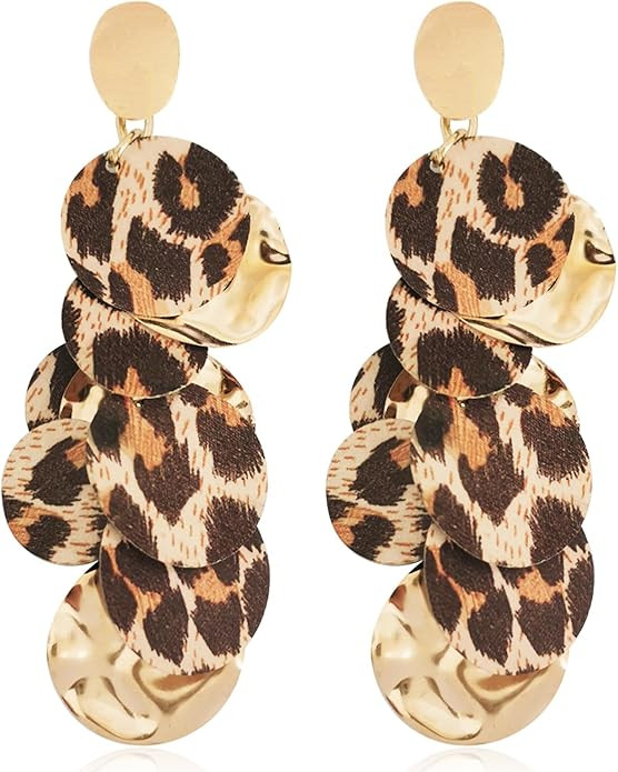 Unique Handmade Bohemian Round Leopard Acrylic Dangle Drop Earrings Statement Vintage 60s 70s Lon... | Amazon (US)