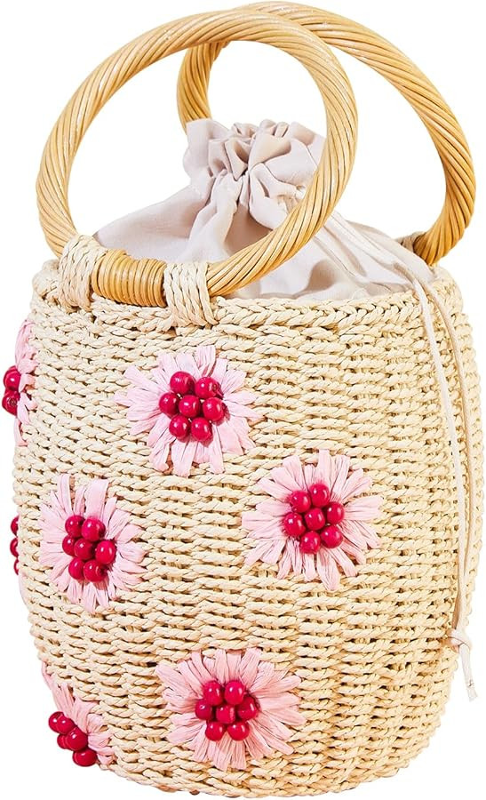 Flower Pearls Rattan Tote Bag Summer Beach Drawstring Straw Bucket Bag Diamonds Woven Handbag | Amazon (US)