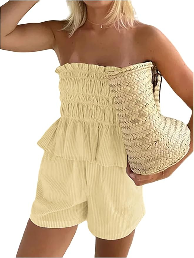 Women 2 Piece Outfits Ruffle Stripe Shorts Set 2026 Summer Off Shoulder Smocked Crop Top Mini Sho... | Amazon (US)