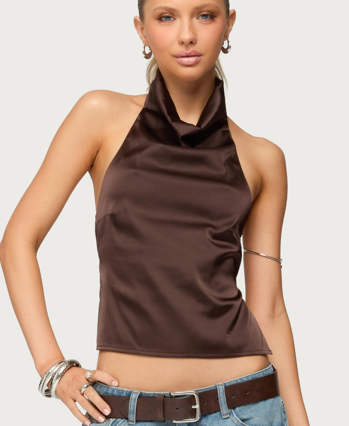 Edikted Women's Satin Effect Backless Cowl Neck Top - Dark-brown | Macy's