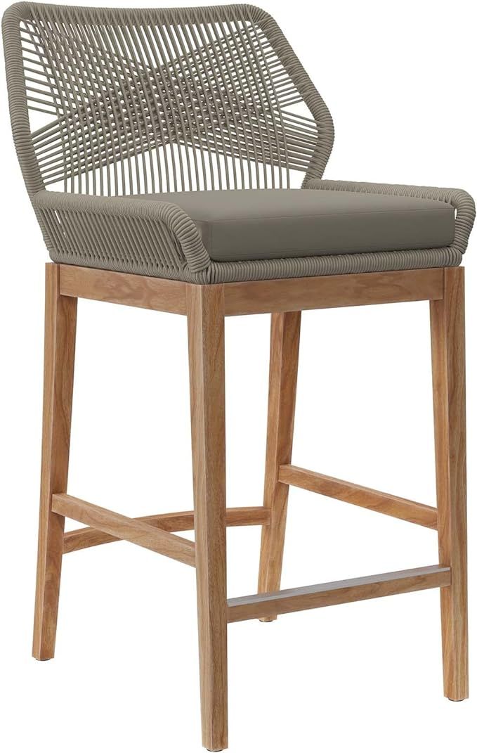 Modway Wellspring Outdoor Patio Teak and Woven Rope Bar Stool in Light Gray Greige | Amazon (US)