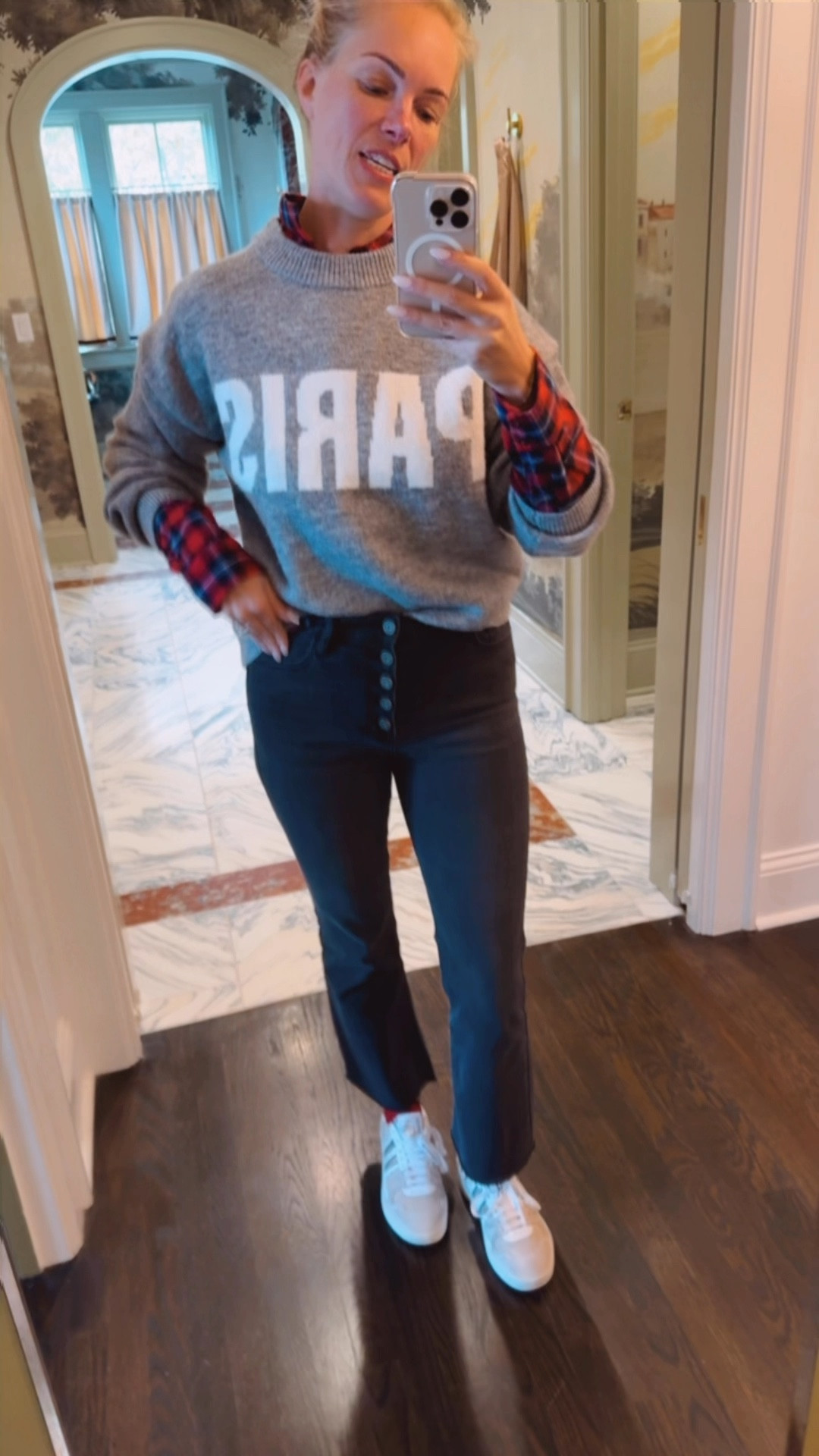 #ootd with some layers and *ta da* red socks! Use code CASSIESAVE30 on the jeans and sweater! 

#LTKWatchNow #LTKOver40 #LTKFindsUnder50