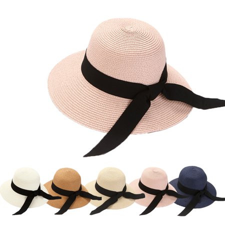 Women Summer Travel Beach UV Protection Bowknot Wide Brim Straw Hat Pink | Walmart (US)