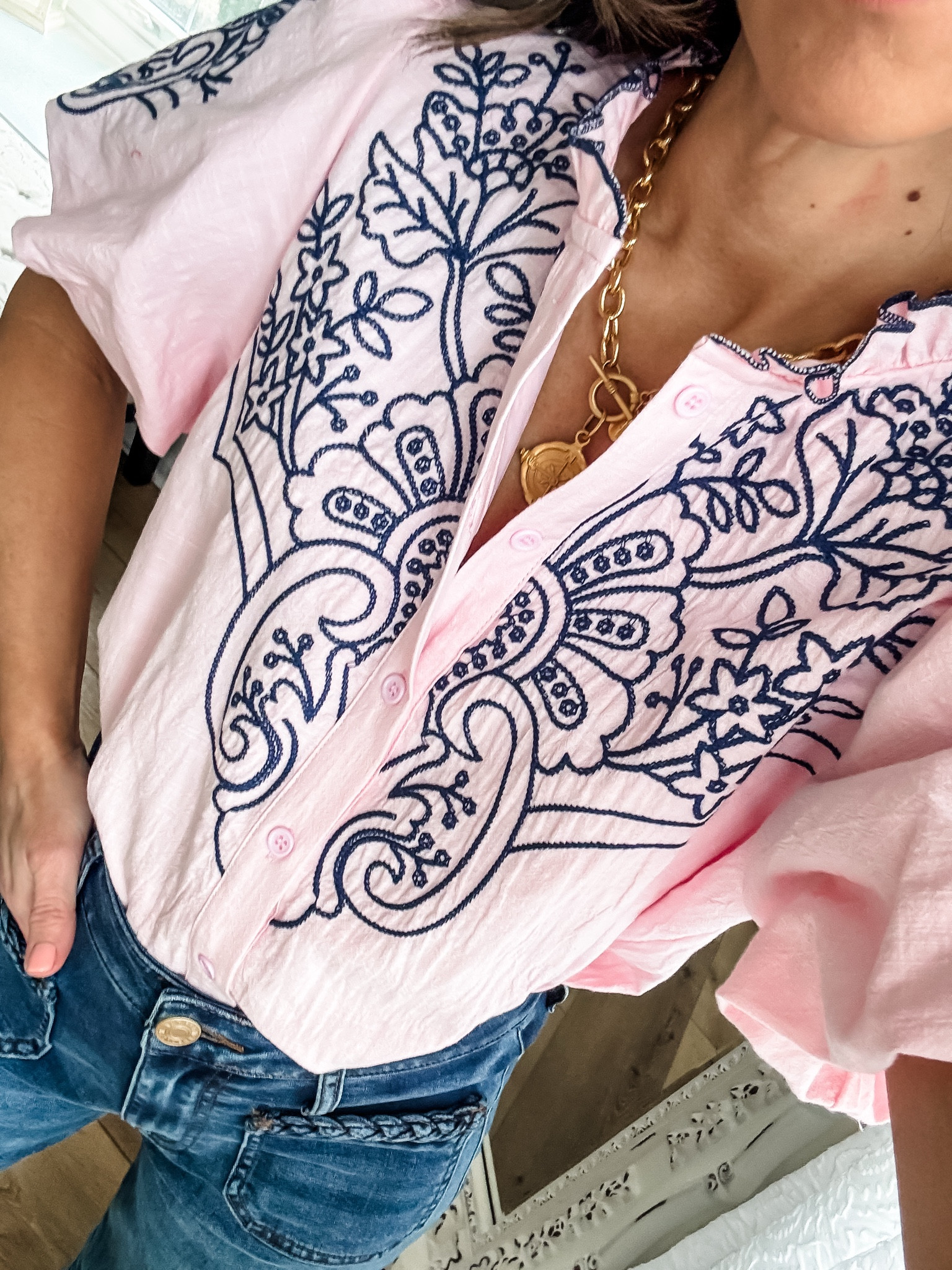 Code TAMMYL15. Wearing small. Spring top. Pink button down shirt. Embroidered top.

#LTKSaleAlert #LTKOver40 #LTKFindsUnder100