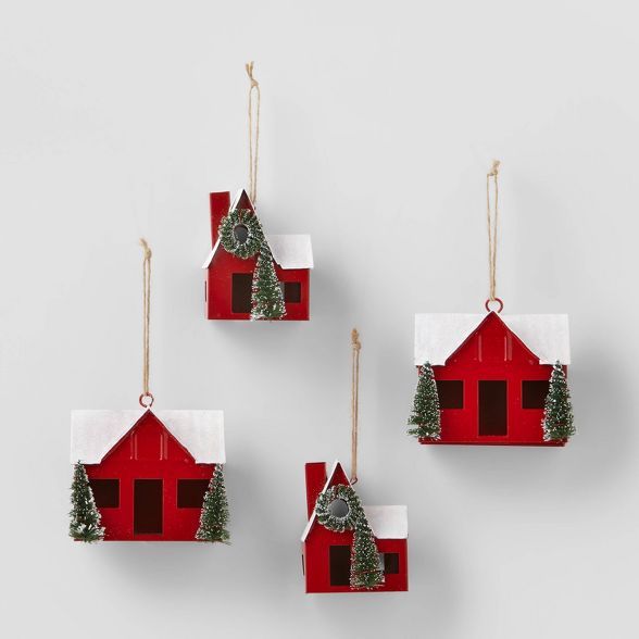 4pk Metal Cabin Christmas Tree Ornament Red - Wondershop&#8482; | Target