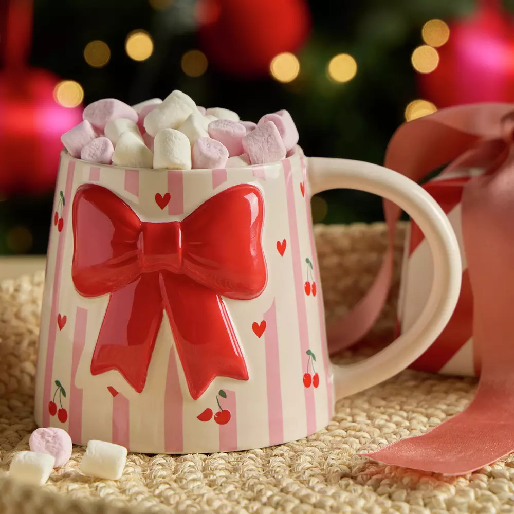 Argos Home Cream & Baby Pink Vertical Striped Bow Mug | argos.co.uk
