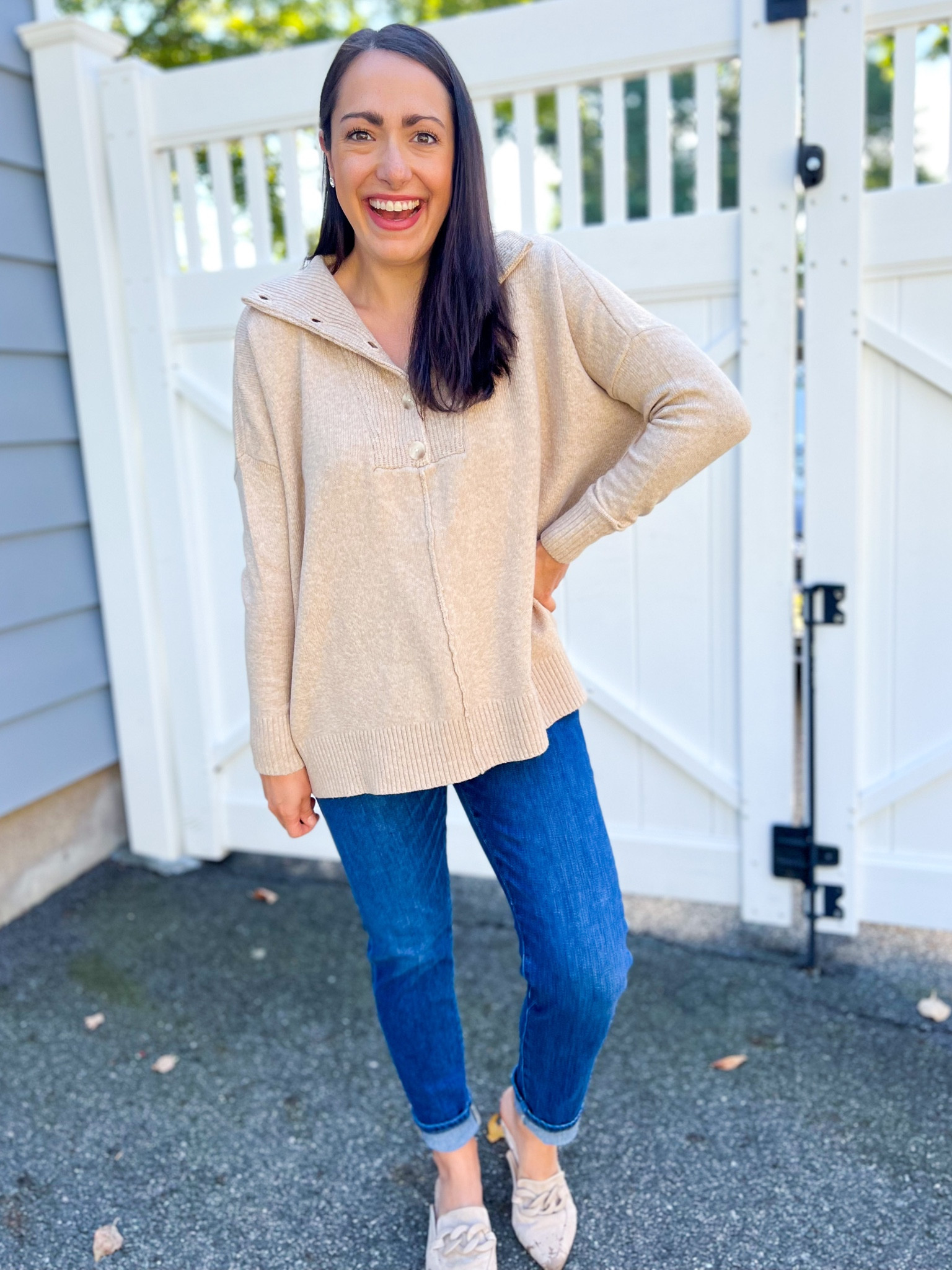 Loft try on 
Sweater: small
Jeans: 27 petite
Mules: size up half 

#LTKsalealert #LTKSeasonal #LTKstyletip