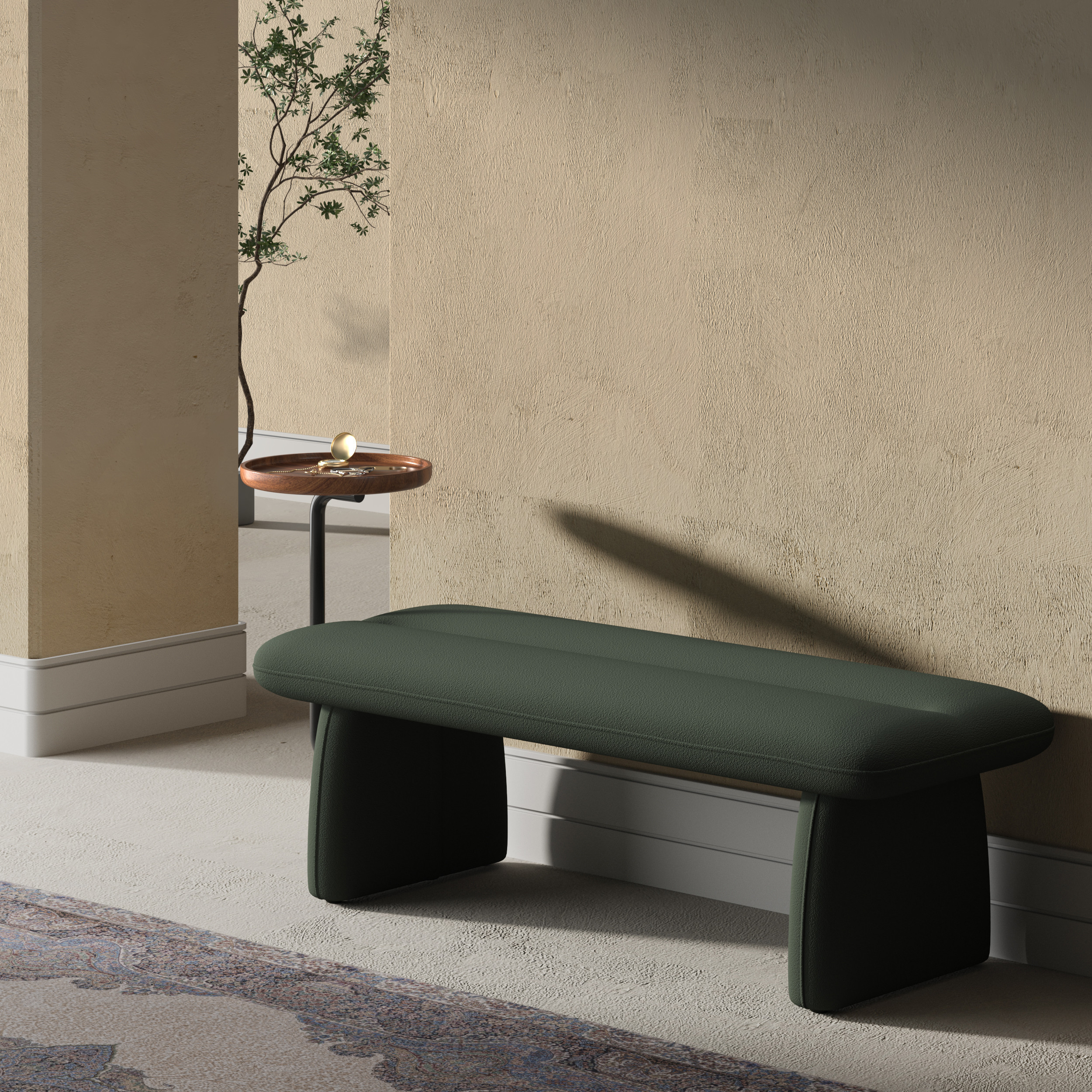 54"" Modern Green & Teak Entryway Bench Upholstered Bench with Tray | Homary