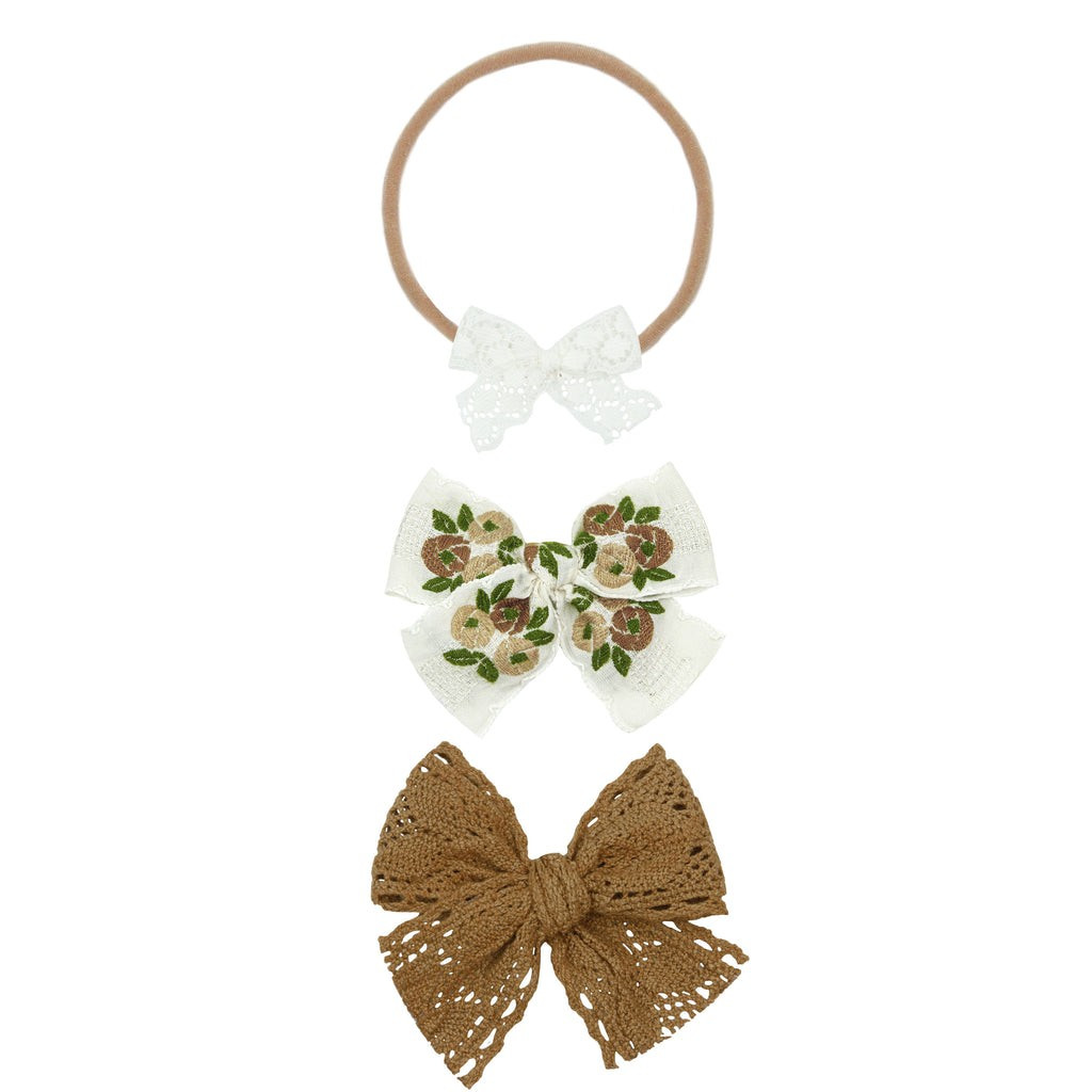 Vintage Bow 3 Pack: Tan Floral Lace Headbands | Lou Lou & Company