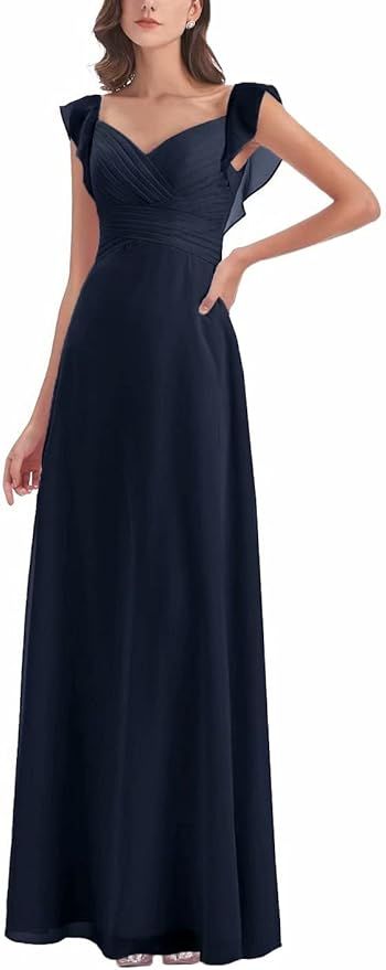 HSFIYAKJ Chiffon V -Neck Bridesmaid Dresses Long Ruffle Sleeves Pleated Formal Dress Evening Gown | Amazon (US)