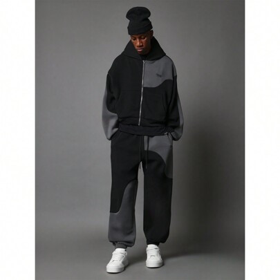 Regular Fit Zip-Up Colour Block Curve Hoodie And Jogger 2 Piece Set | SHEIN