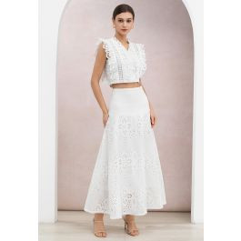 Eyelet Embroidery Ruffle Sleeveless Crop Top and Maxi Skirt Set in White for Beach Weddings & Sun... | Chicwish