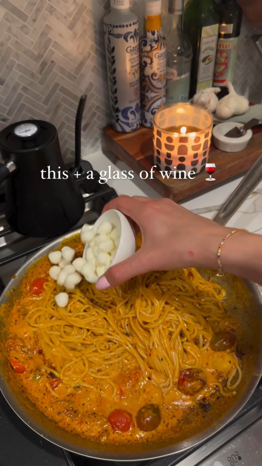 It’s soooo hot and humid on the east coast but I can eat these kinda meals all year around, especially with these thunderstorms showing up non stop ⛈️ this tomato pasta dish is incredible and perfect for romanticizing a weekday. 

See recipe below or comment “Recipe” for a link.

Olive oil
1 tbsp butter
2/3 lbs spaghetti
1 pint cherry tomatoes
3 tbsp sun dried tomatoes
2 tbs harissa pasta, mild 
Salt
1 tsp dried basil
1/2 cup heavy cream
1/2 cup sour cream
1/2 cup shaved Parmesan
1/4 cup mozzarella cheese
1/2 cup pine nuts 

1. Boil water and add pasta to a large pot. Cool until al dente.

2. While pasta is cooking, add some olive oil to a large pan. Once sizzling, add butter and let melt. Add cherry tomatoes and sun dried tomatoes, and let cook for 5 minutes. Add harissa pasta and mix everything. Season with salt and dried basil. Mix and cover with a lid for 5 minutes. Remove lid and lightly press down on the cherry tomatoes.

3. Add cream and sour cream and mix to combine. Cook for a minute then add Parmesan cheese. Mix, then pour in your pasta. Top with mozzarella and pine nuts before mixing one last time