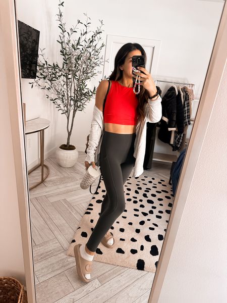 PLNK workout outfit with butter soft leggings and my go to sports bra crop top. This lightweight cardigan from athleta is a must going to and from the workout! These slides are perfect for sliding on and off before and after class. Pre-order now! 

#LTKfindsunder50 #LTKfitness
