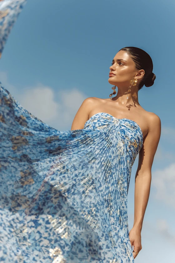 Lynwen Blue Abstract Pleated Strapless Maxi Dress | blue maxi dress | vacation dress  | Lulus