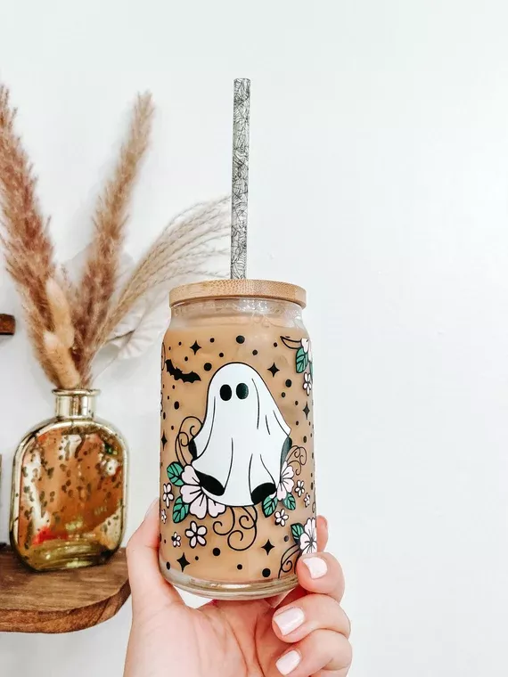 Floral Ghost Cup Halloween Glass Cup Spooky Season Cup -  in