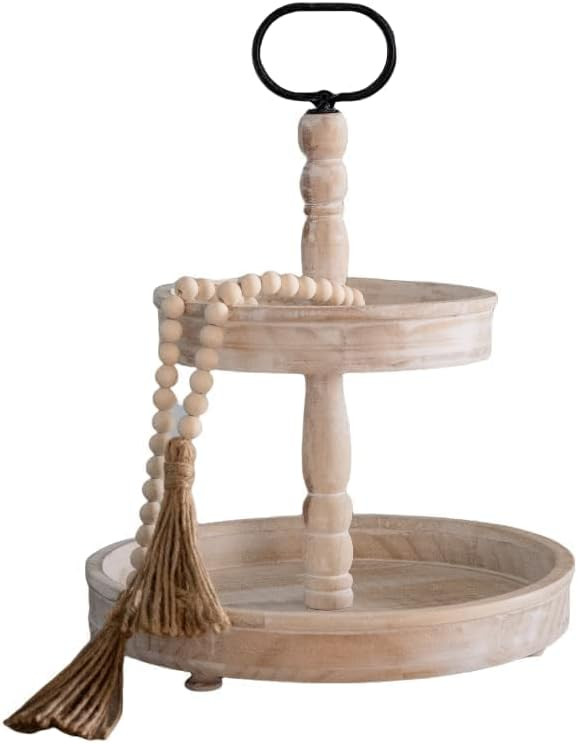 BonzaiKit Two Tier Wood Tray with Wooden Beads - Farmhouse Rustic 2 Tiered Serving Stand for Kitc... | Amazon (US)