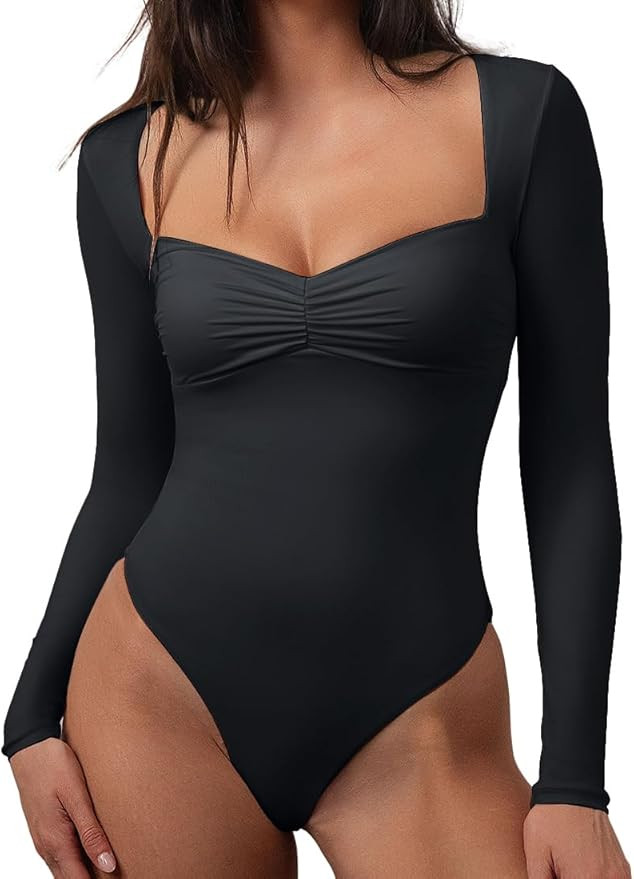 CHYRII Womens Sexy Square V Neck Bodysuit Tops Fall Fashion Long Sleeve Going Out Tops | Amazon (US)
