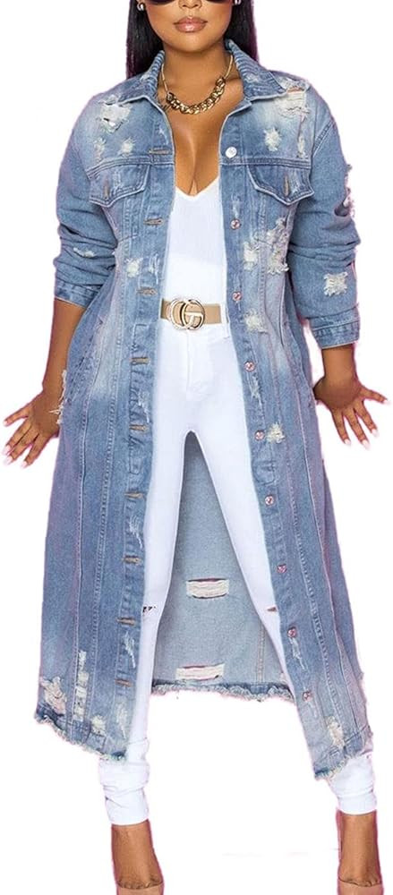 ebossy Women's Ripped Out Distressed Washed Long Blue Denim Jacket Trench Coat | Amazon (US)