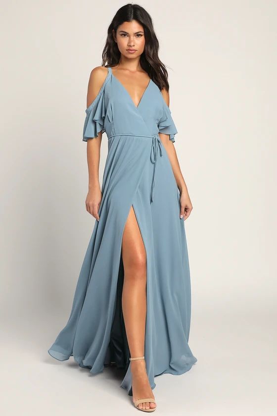 Easy Listening Slate Blue Cold-Shoulder Wrap Maxi Dress | Lulus (US)