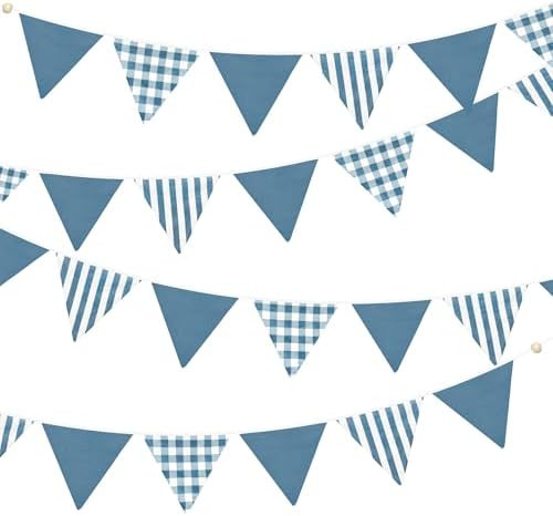2 Sets Blue Pennant Banner Flags 24Pcs Blue Plaid Striped Nursery Garland Linen Fabric Triangle S... | Amazon (US)
