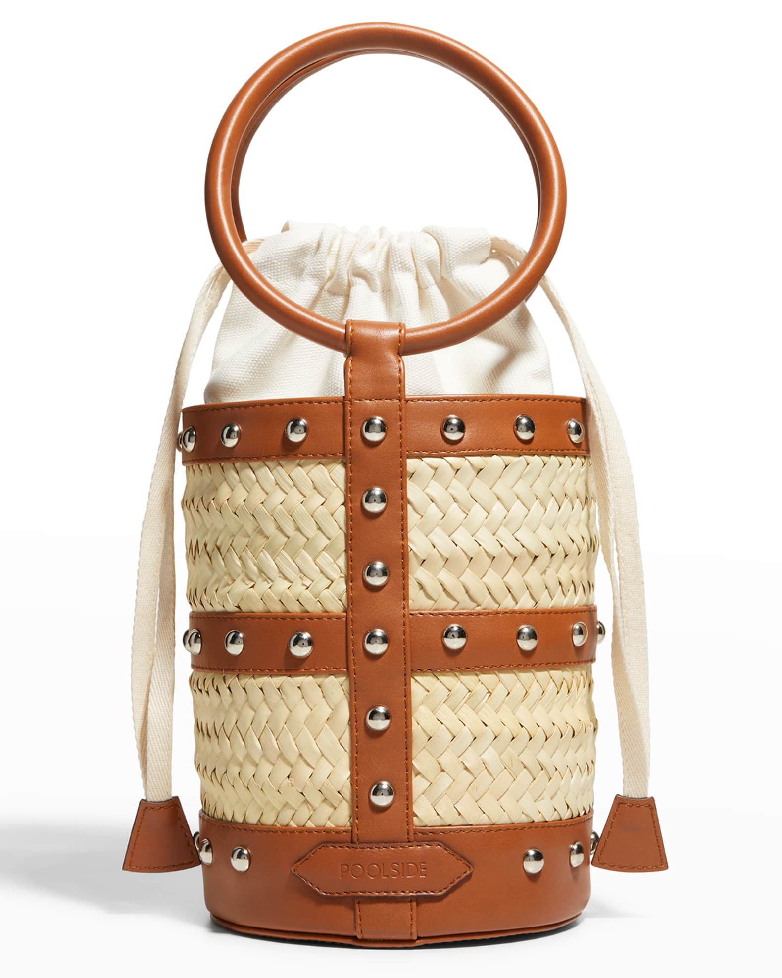 POOLSIDE Caged Ice Studded Straw Shoulder Bucket Bag | Neiman Marcus