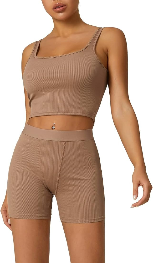 Ribbed Knitted Women 2 Piece Set Gym Crop Tank Top Leggings Set Casual Streetwear Sporty Tracksuit S | Amazon (US)