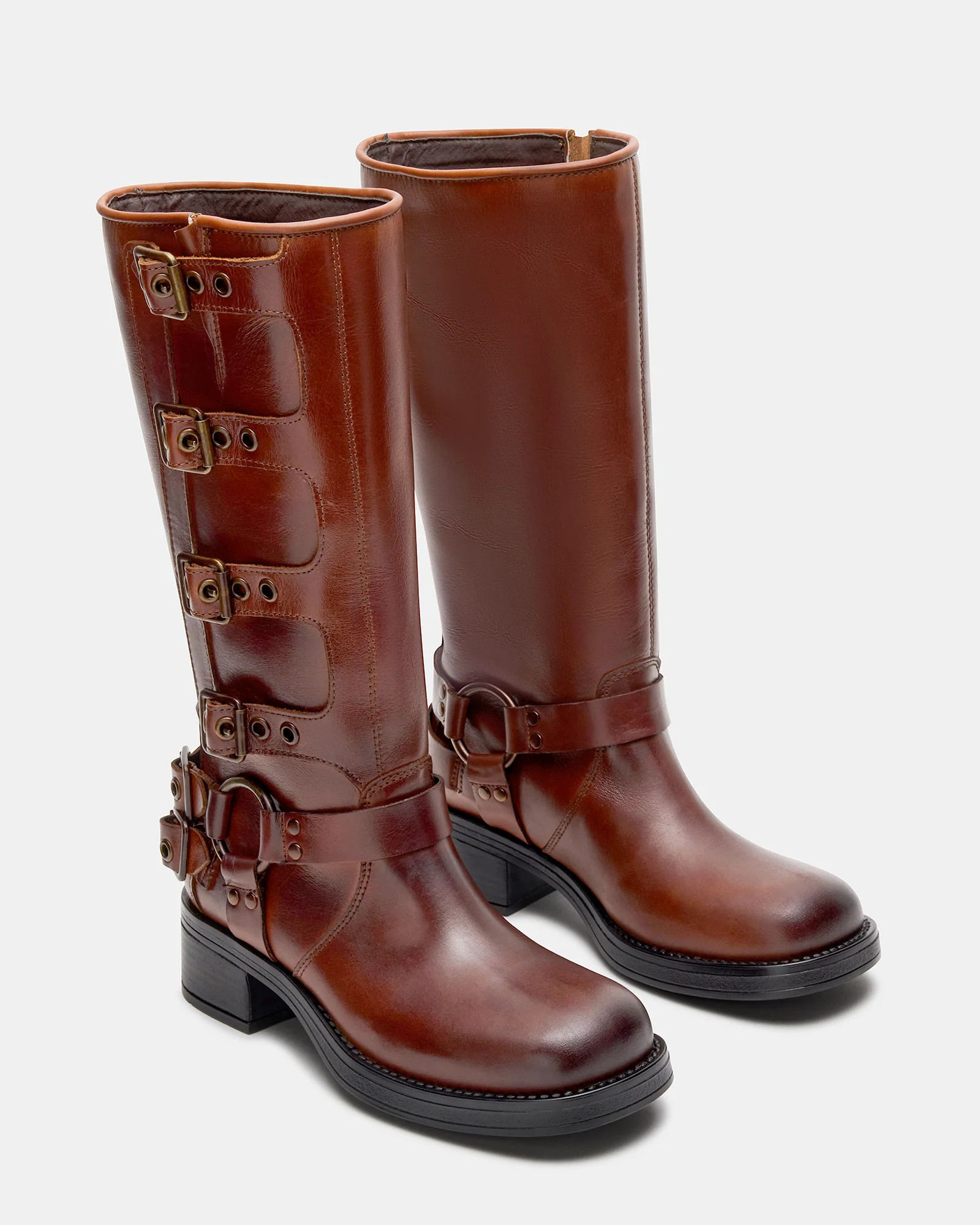 ROCKY Cognac Leather Knee-High Moto Boots | Women's Boots | Steve Madden (US)