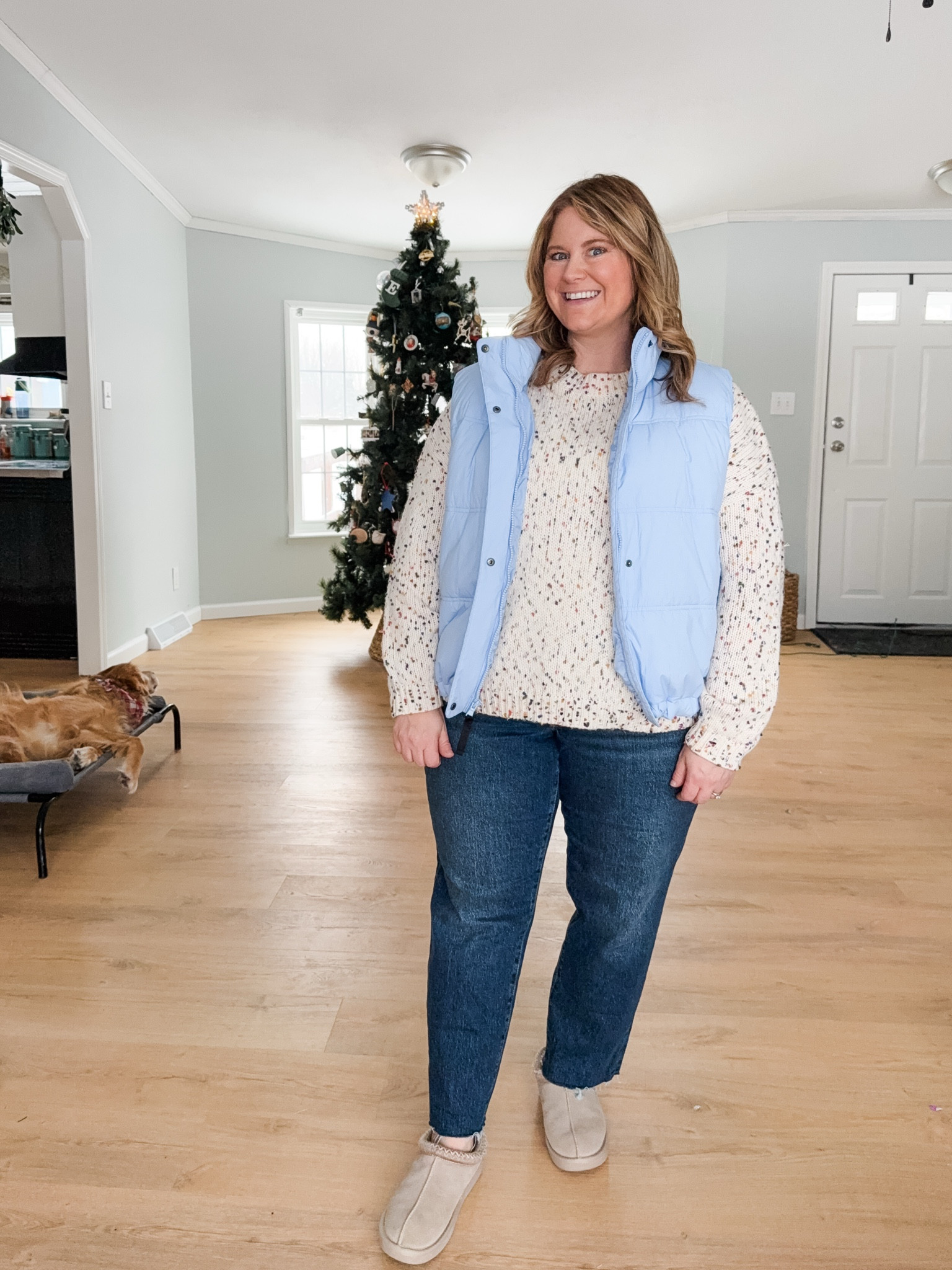 Straight jeans outfit: Wearing an XL in my rainbow sweater, a XL petite in my vest, and a 14 petite in my jeans 

#LTKPetite #LTKmomlife #LTKMidsize