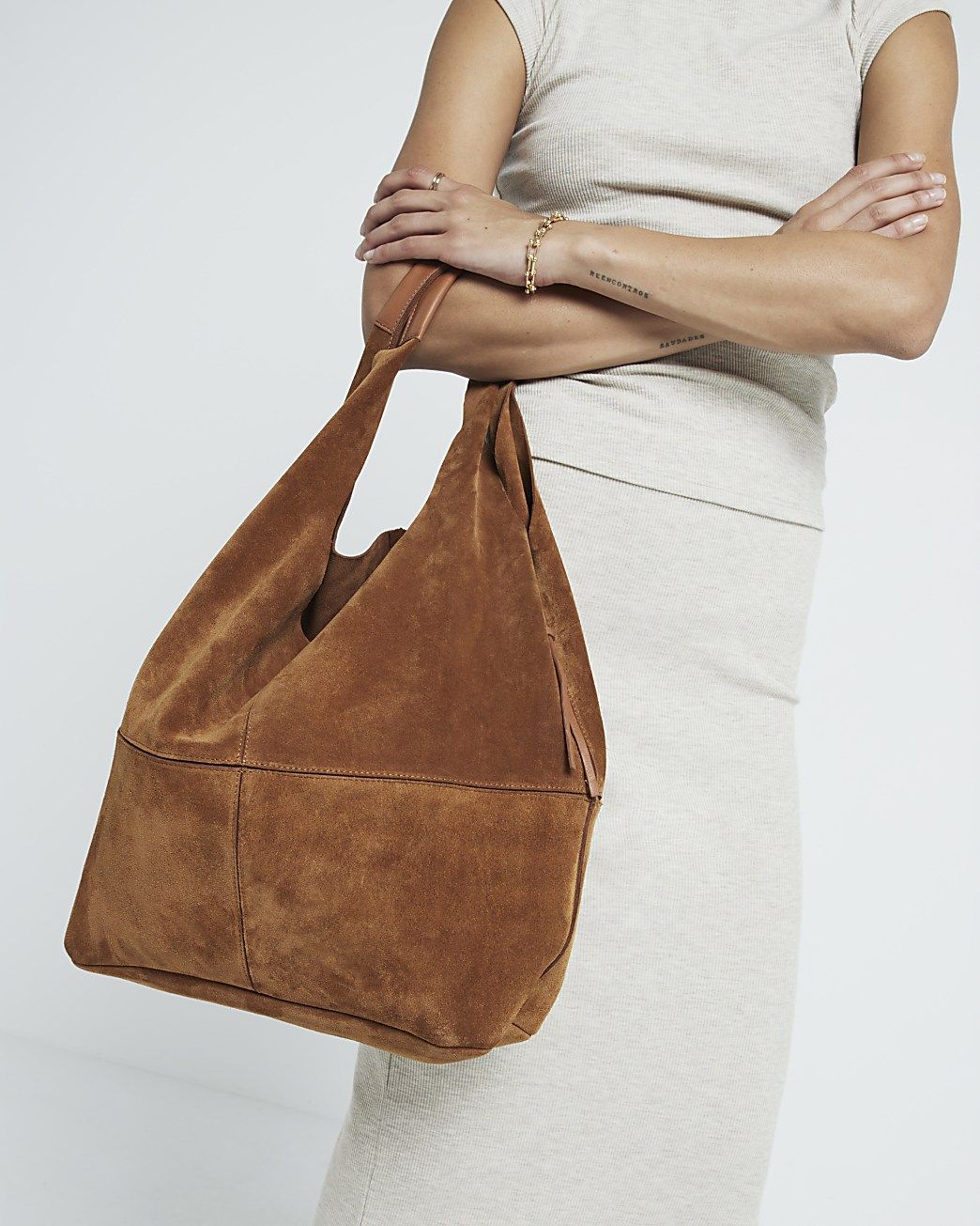 Brown panel suede slouch tote bag | River Island (UK & IE)