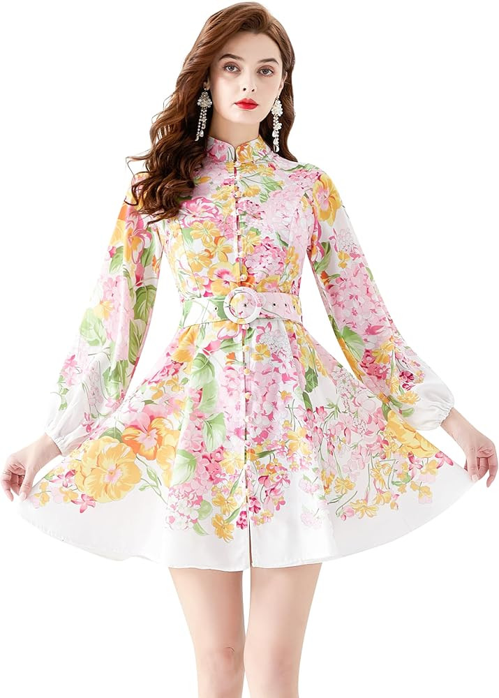 LAI MENG FIVE CATS Women's Floral Print Button up Lantern Sleeve Casual Shirt Dress A-line Mini D... | Amazon (US)
