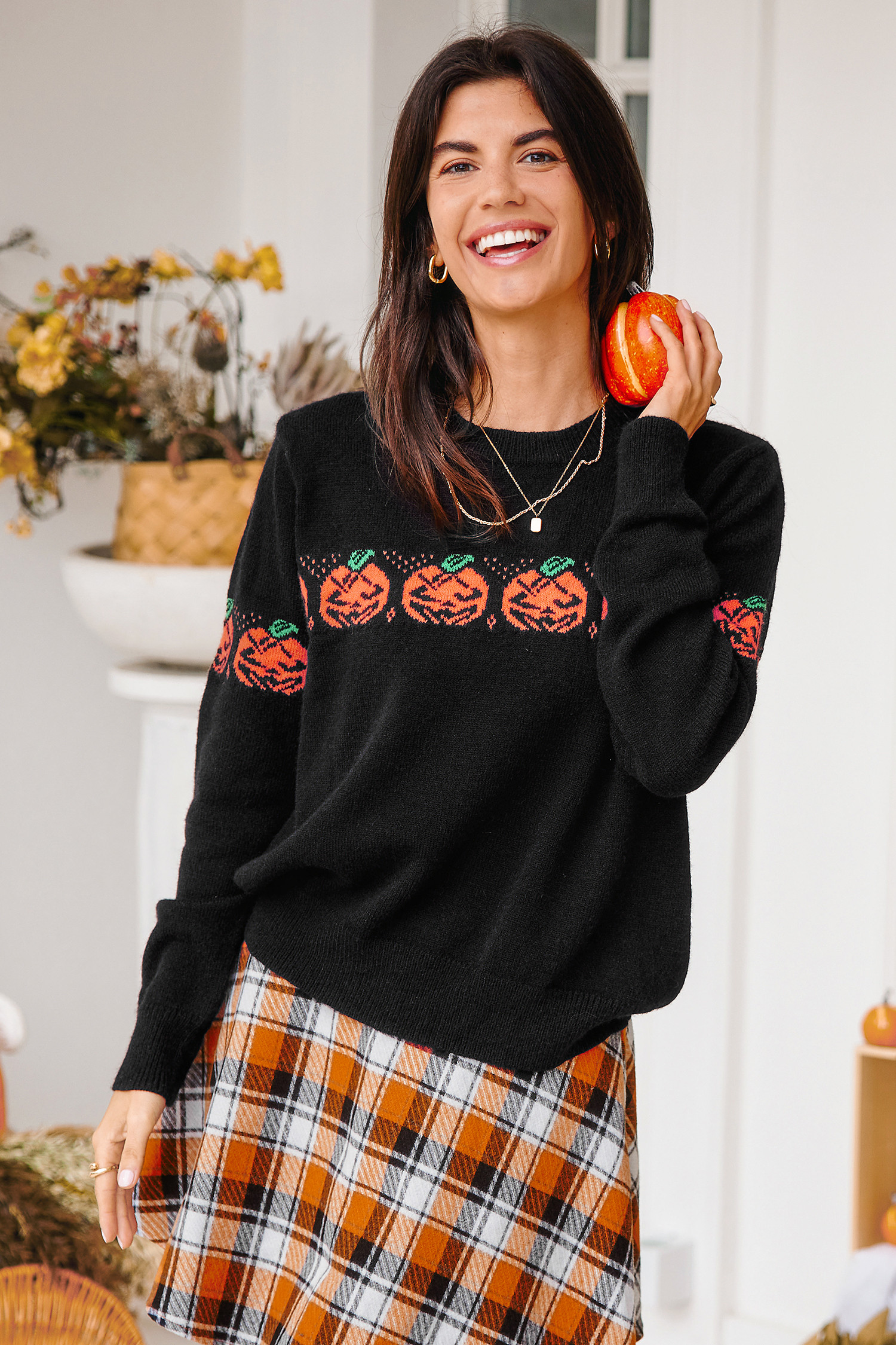 NewBlack Pumpkin Round Neck Long Sleeve Sweater | Cupshe US