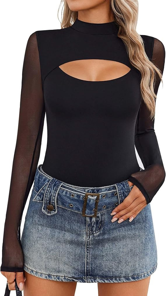 Avidlove Women Long Sleeve Thong Bodysuit Turtle Neck Shapewear Sexy Mesh Top Double Lined Cutout... | Amazon (US)
