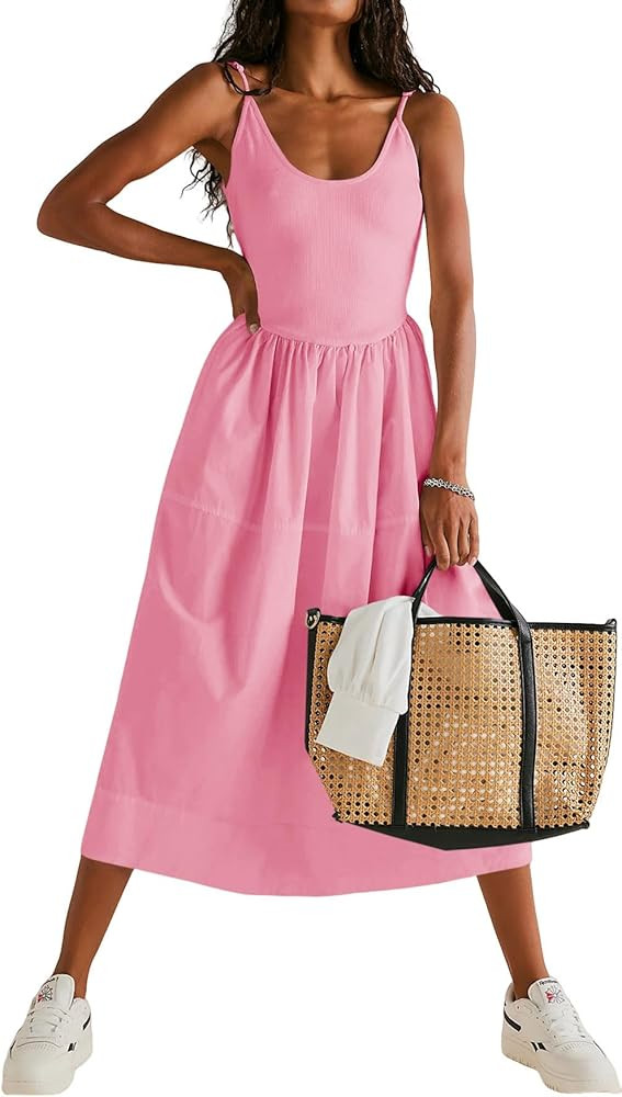 Fisoew Womens Spaghetti Strap Dress V Neck Backless Summer Casual A Line Cami Dress with Pocket | Amazon (US)