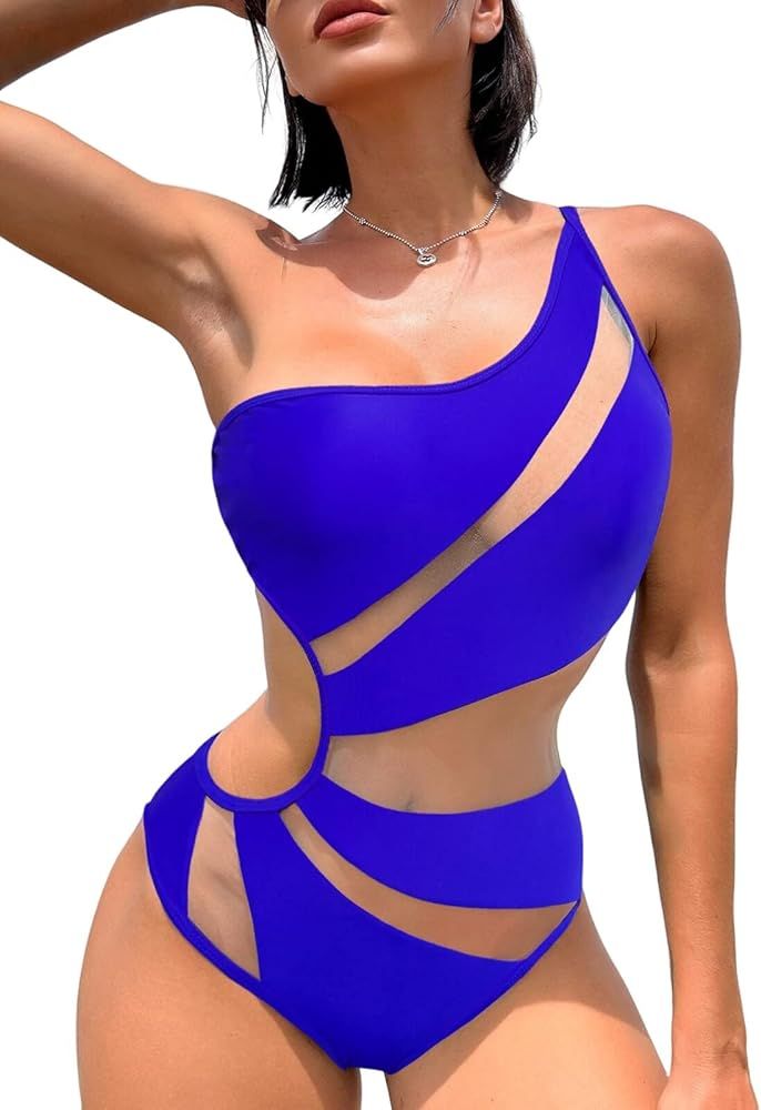 Swmmer Liket Women's Sexy One Piece Bathing Suits One Shoulder Swimsuits Monokini Slimming Mesh S... | Amazon (US)