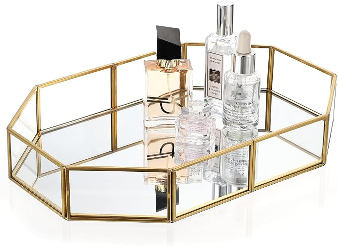 Hipiwe Gold Perfume Tray - Glass Mirrored Makeup Tray, Large 12.4"x 8.5" | Ornate Dresser Vanity ... | Amazon (US)