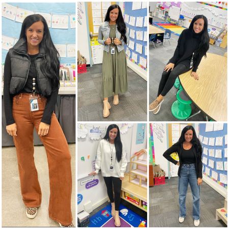 Monday-Friday teacher outfit ideas ✏️ 

•Colored denim (or pants) with a puffer vest
•Dress, denim jacket, booties
•Leggings & tunic sweater
•Oversized ribbed crewneck, jeggings, and booties
•Wide leg jeans & black (or teacher/school tshirt) 