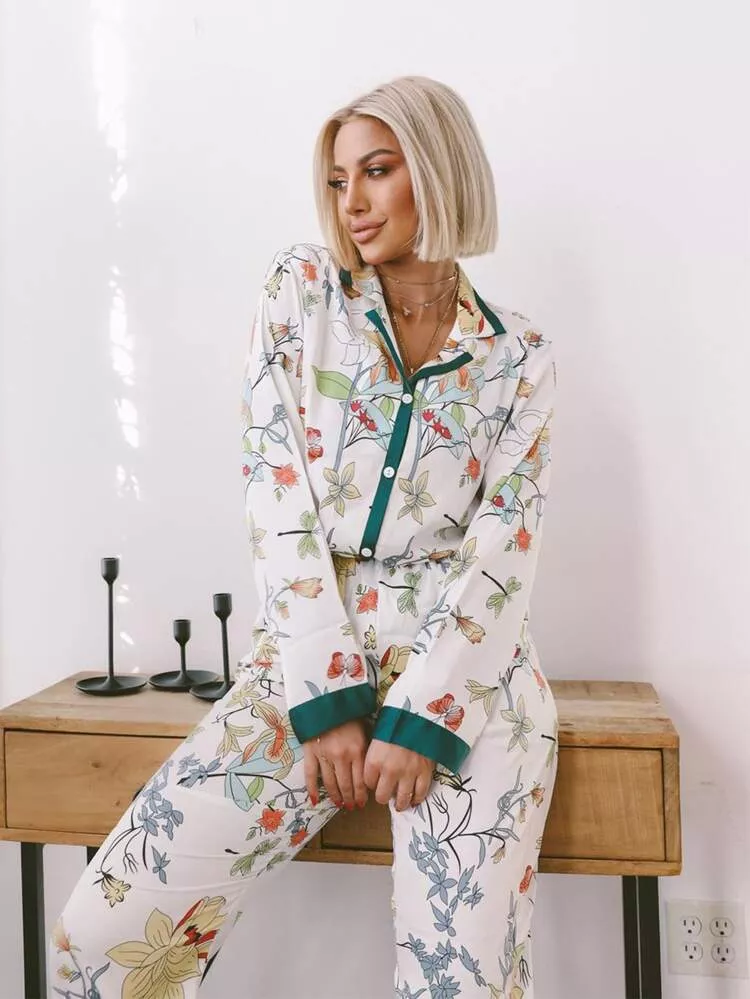 Elegant Floral Print Pajama, Long Sleeve Button Up Lapel Top And Pants Pj  Set, Women's Sleepwear & Loungewear - Temu