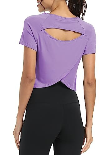 Bestisun Short Sleeve Workout Tops Athletic Yoga Gym Shirt Open Back Active Sports Clothes Purple M | Amazon (US)