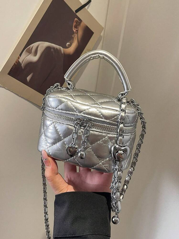 New Fashion Classic Multifunctional Waterproof PU Material, Diamond Quilted Pattern Handbag, Lightweight And Easy To Carry, Zipper Closure Design, Heart-Shaped Zipper Decor Crossbody Round Box Bag, Coin Purse, Suitable For Shopping, Travel, Commuting | SHEIN