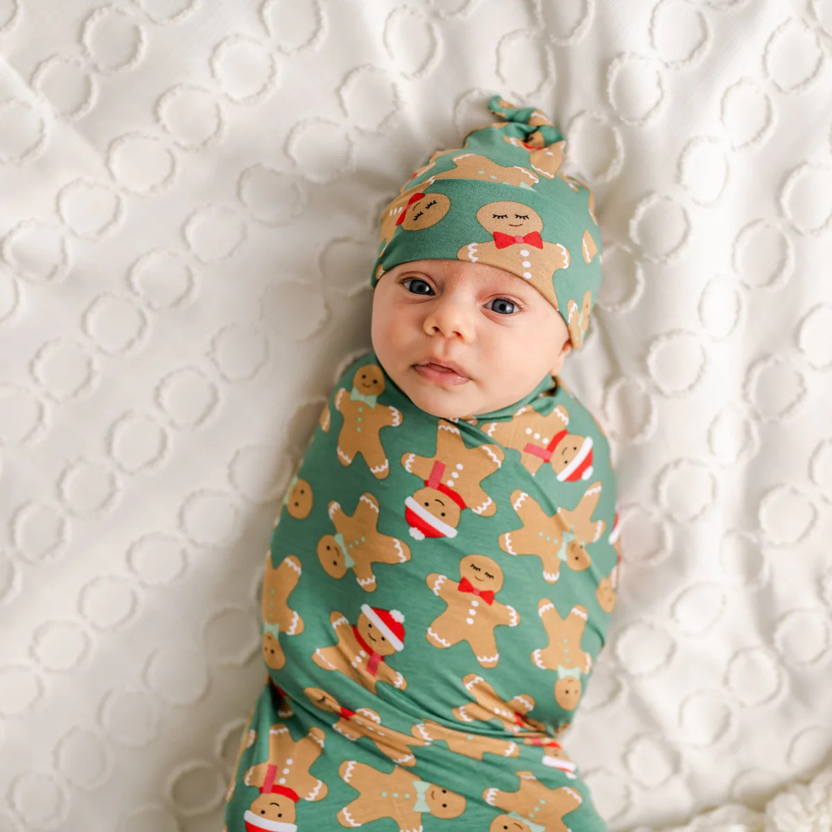 Green Gingerbread Bamboo Viscose Swaddle + Hat Set | Little Sleepies